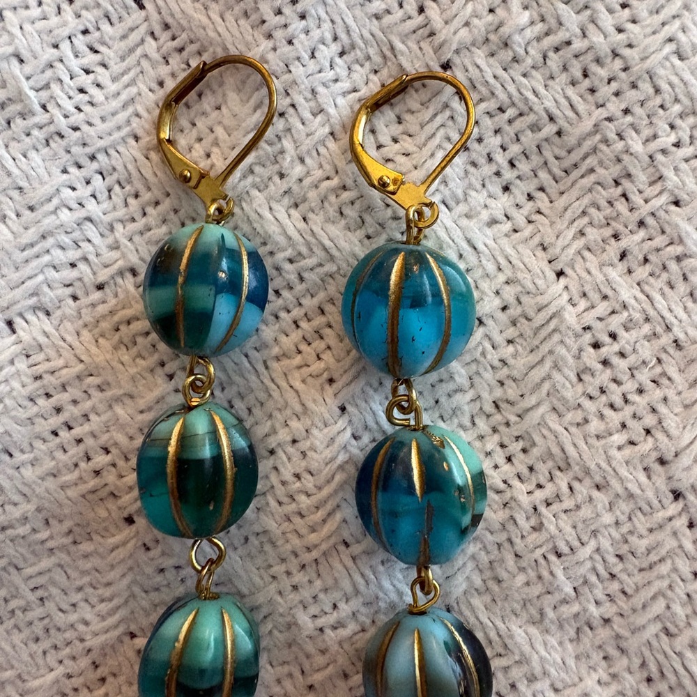 Turquoise and Gold Wire Dangle Earrings